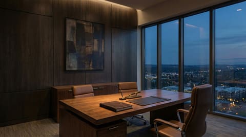 Modern law office at dusk overlooking the city